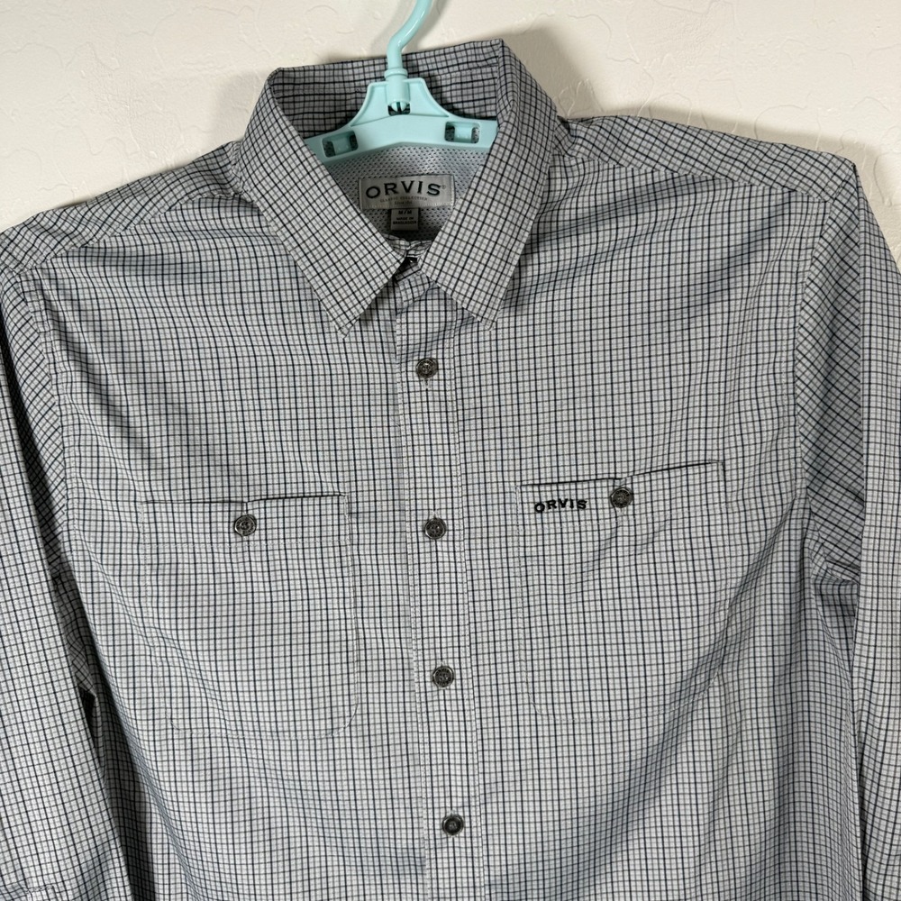 Orvis Shirt Mens Medium Gray Blue Plaid Long Sleeve Tech Fishing Outdoor Hiking